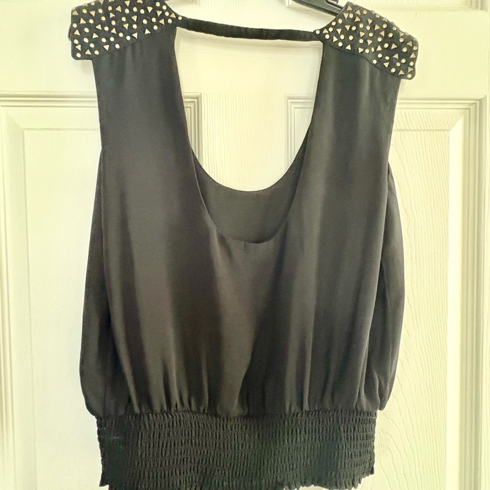 Bebe Black Sleeveless Top with Studded Shoulders and fringe - Picture 3 of 5